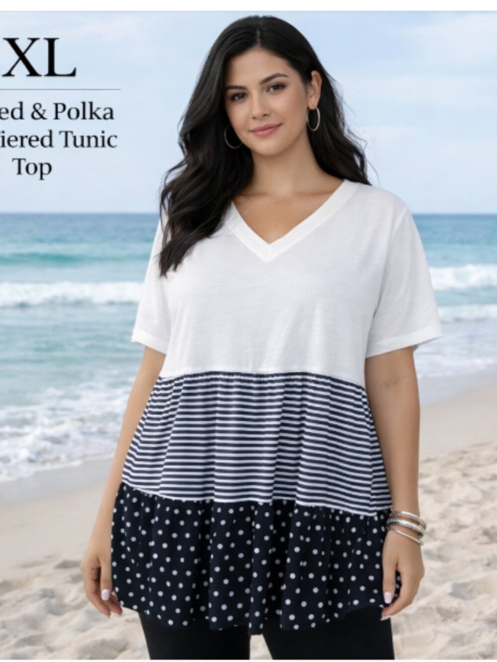 Women’s 2XL White V-Neck Tunic Top Striped Polka Dot Tiered Short Sleeve